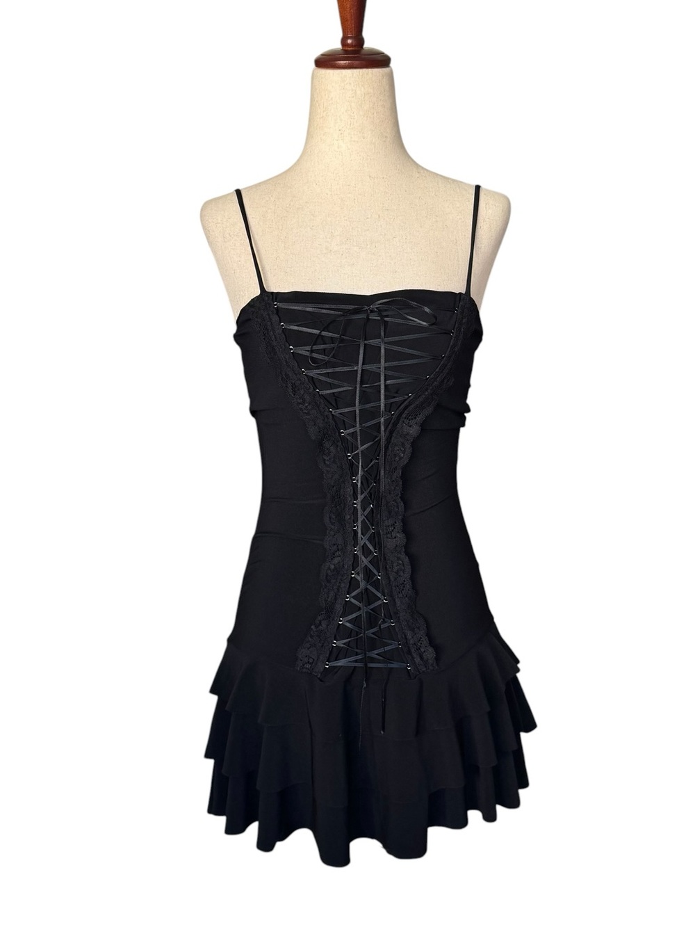 Y2k Soprano Black Lace-Up Tiered Mini Dress Goth XS Whimsygoth